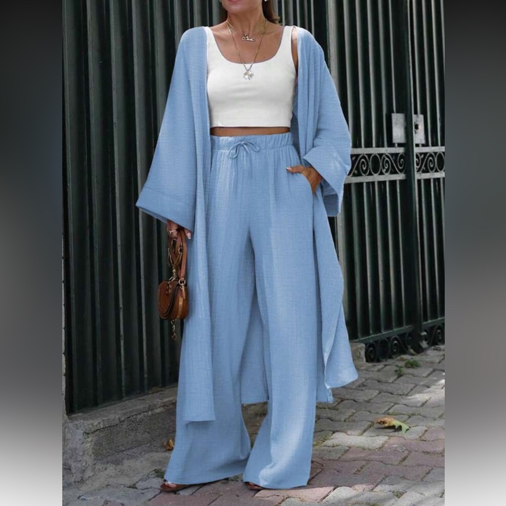 Elegant Baby Blue Women's Pants & Kimono Set